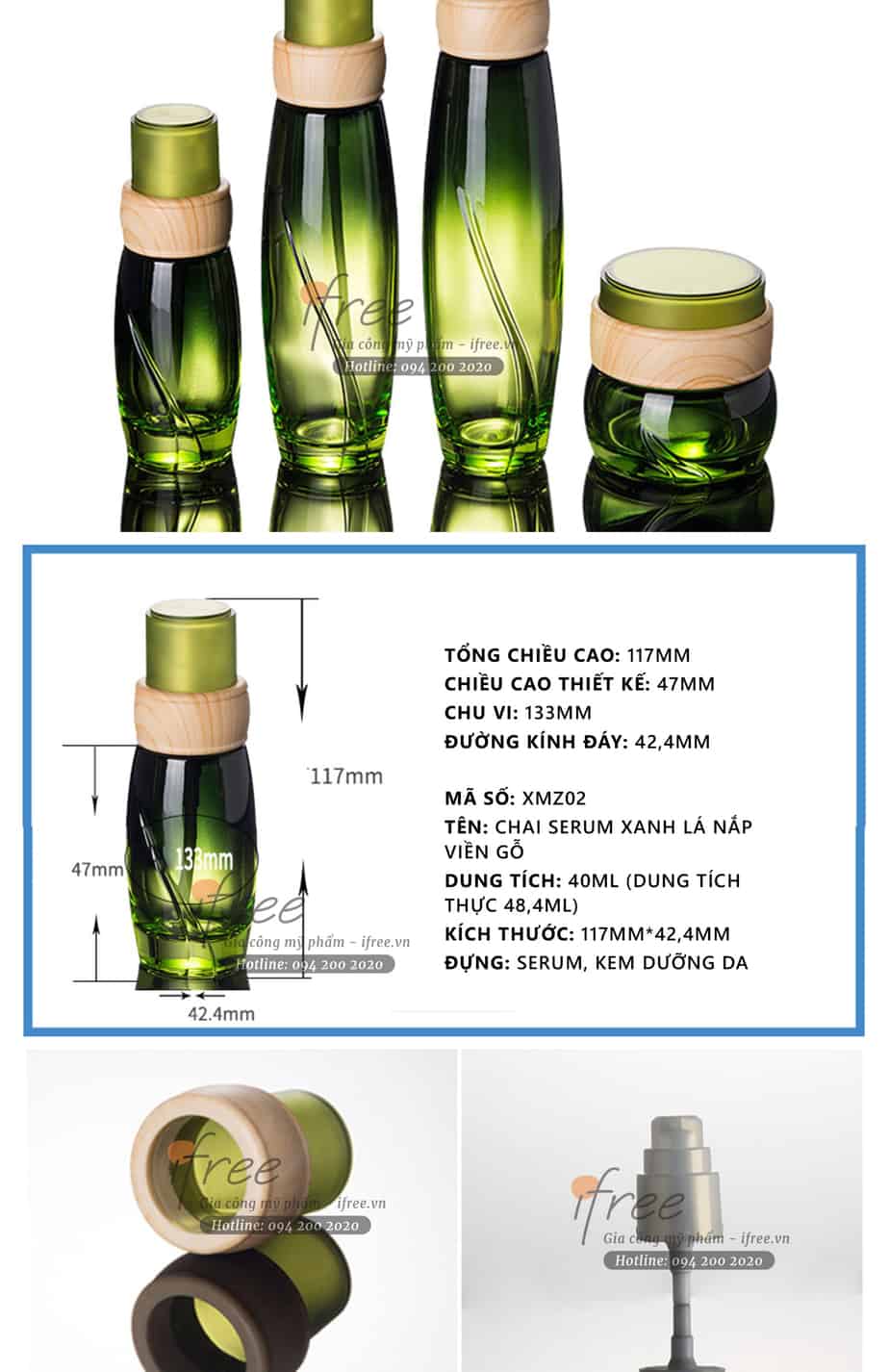 Mẫu chai lọ mỹ phẩm thủy tinh xanh lá nắp viền gỗ VN0007 8 Mẫu chai lọ mỹ phẩm thủy tinh xanh lá nắp viền gỗ VN0007