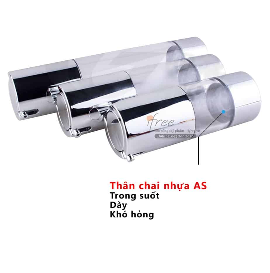 Chai chân không thân kim loại CK0006 10 Thân chai chân không màu bạc phần chứa mỹ phẩm có màu trong suốt, 2 đầu bằng bạc rất bắt mắt