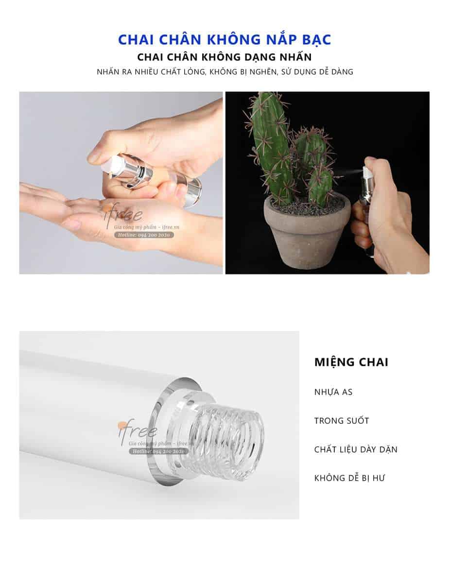 Chai chân không nắp bạc CK005 nhân ra nhiều chất lỏng, sử dụng dễ dàng.