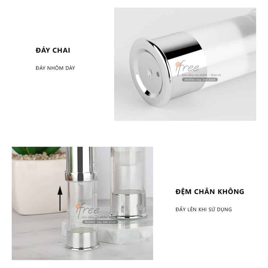 chai chân không nắp bạc đáy chai bằng nhôm dày, có đệm chân không đẩy dung dịch mỹ phẩm lên khi dùng