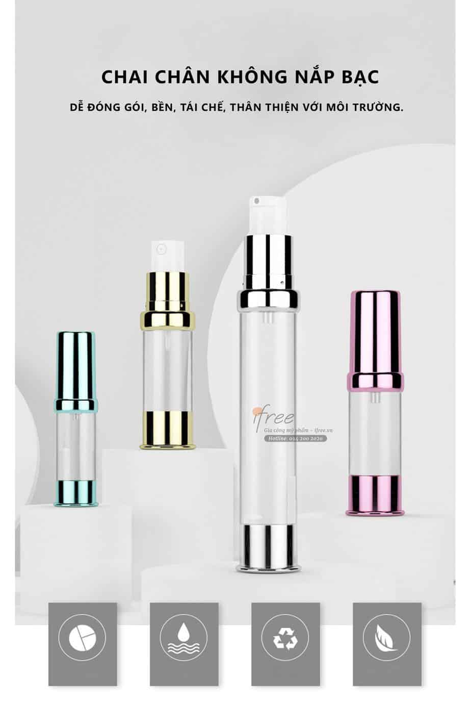 chai chân không nắp bạc dễ dóng gói, bền, có thể tái chế và thân thiện với môi trường