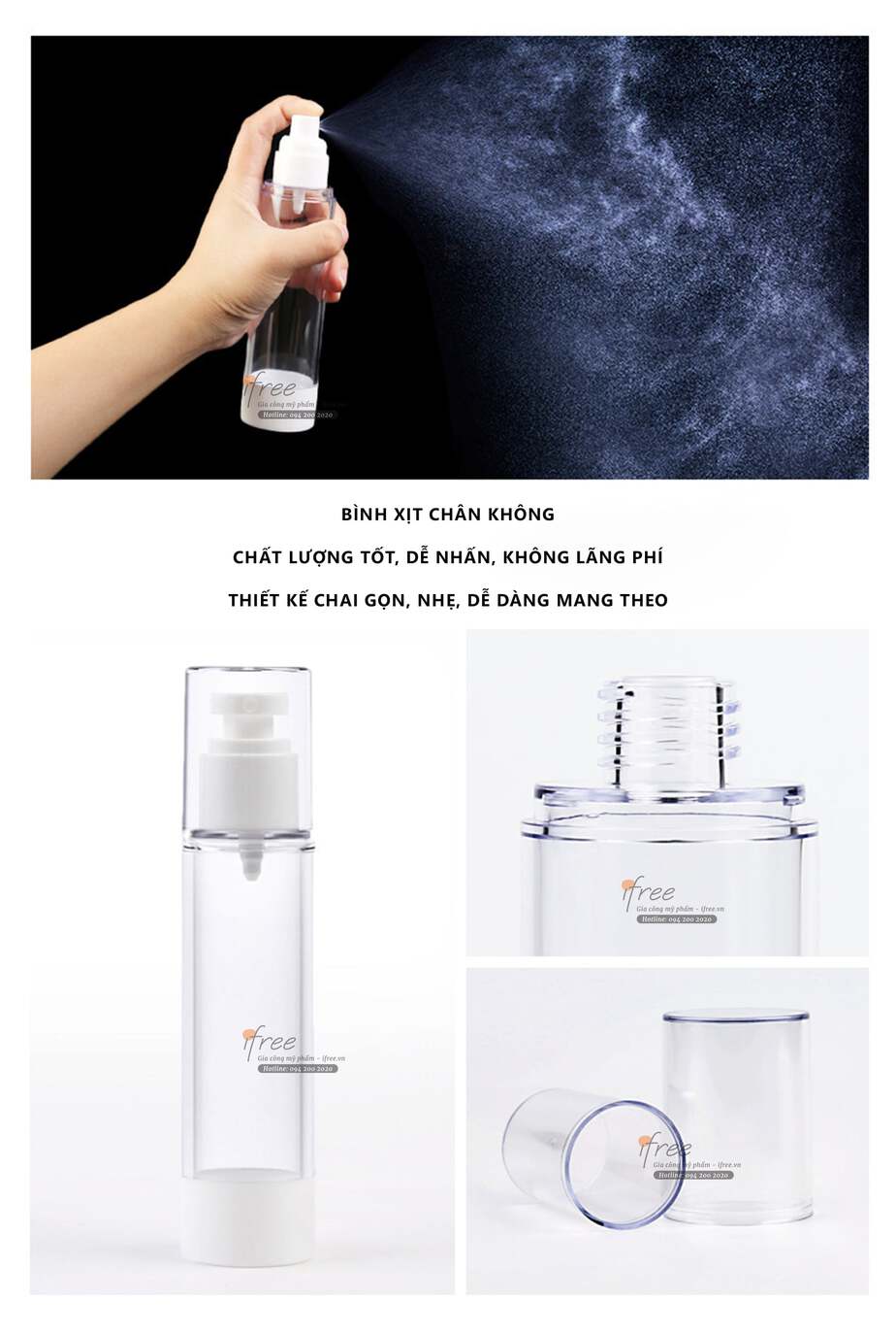 Vỏ chai chân không phun sương CK004 11 Mẫu Vỏ chai chân không phun sương CK004 đươc thiết kế với chất lượng tốt nhất, không lãng phí khi xịt. Thiết kế chai nhỏ gọn, dễ vận chuyển an toàn.