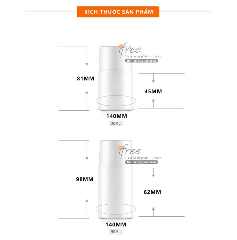 Chai chân không vòi nhấn CK0007 6 Kích thước Chai chân không vòi nhấn có dung tích 30ml/ 50ml/