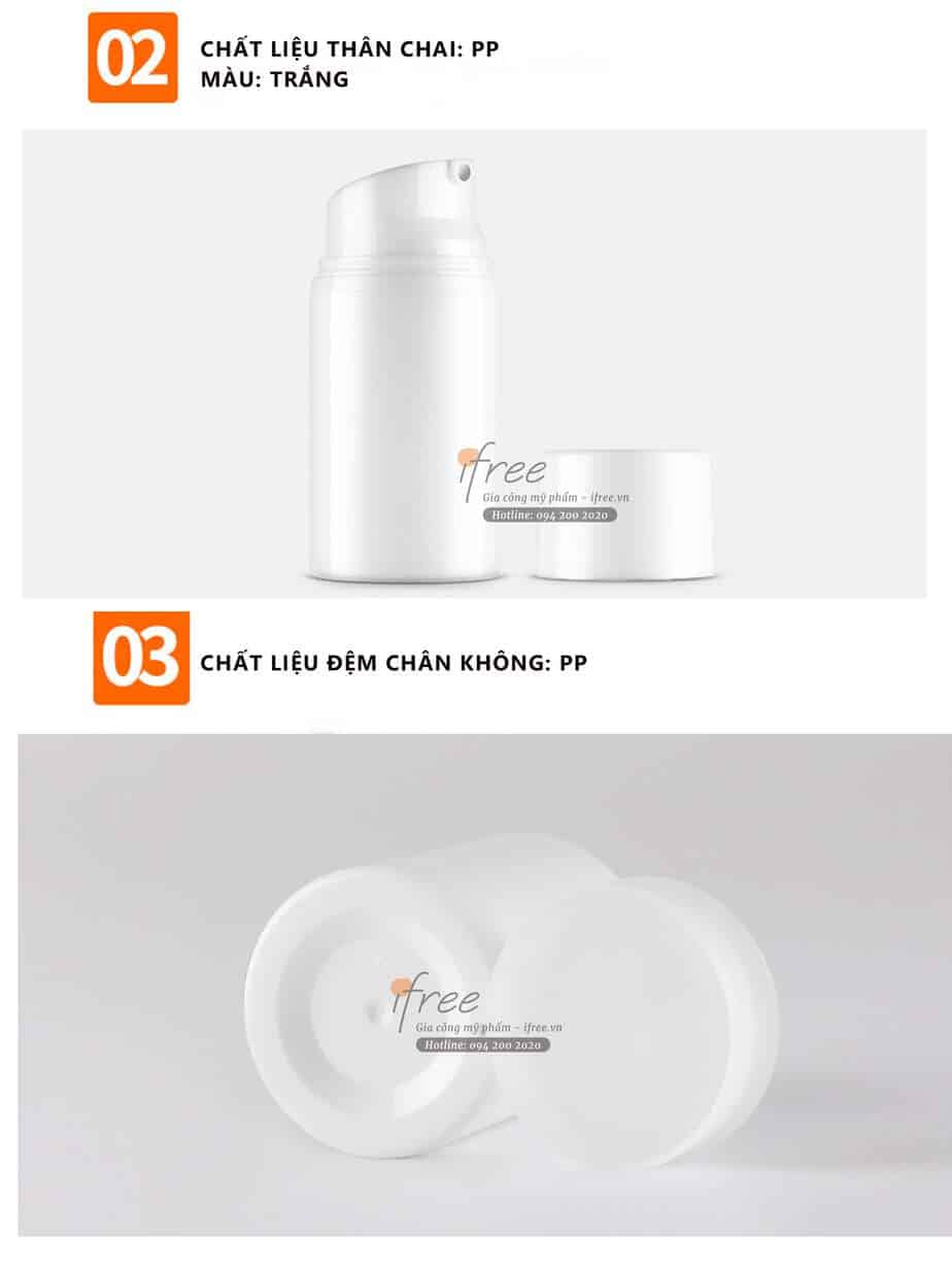 Chai chân không vòi nhấn CK0007 10 Ưu điểm của Chai chân không nắp bạc CK005 - đệm chân không dùng chất liệu PP an toàn, đẩy lên khi dùng mỹ phẩm