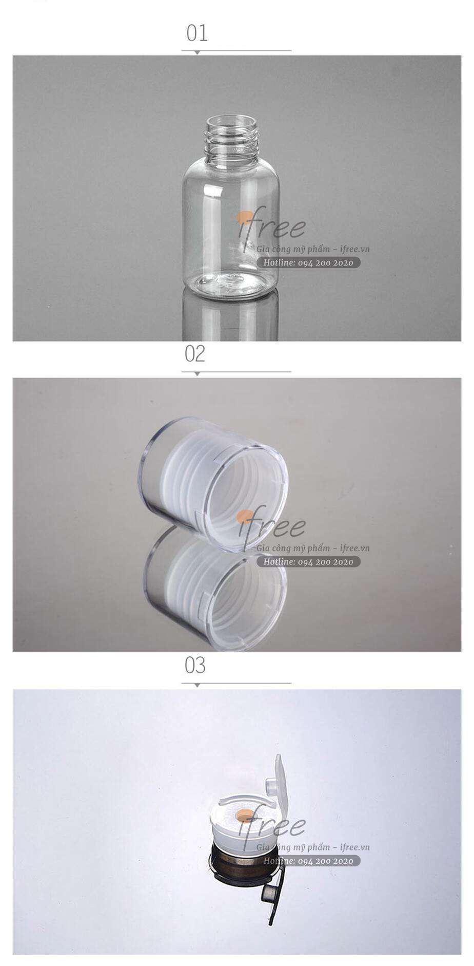 Cấu tạo của Chai PET nắp 2 lớp chứa mỹ phẩm - DN003 gồm 3 phần: 

Nắp chai trong suốt bảo vệ đầu vỏ chai.

Nắp đôi ngăn mỹ phẩm có gen vặn với thân chai và lỗ để mỹ phẩm ra.

Thân vỏ chai nhựa PET trong suốt.