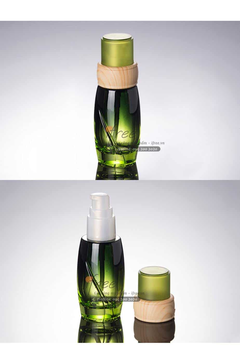 Mẫu chai lọ mỹ phẩm thủy tinh xanh lá nắp viền gỗ VN0007 9 Chai thủy tinh xanh lá nắp viền gỗ VN0007
