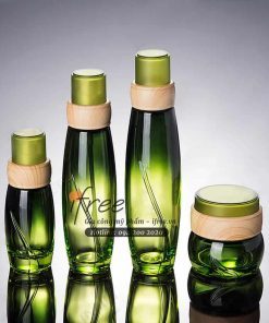 Mẫu chai lọ mỹ phẩm thủy tinh xanh lá nắp viền gỗ VN0007 7 serum xanh nắp viền