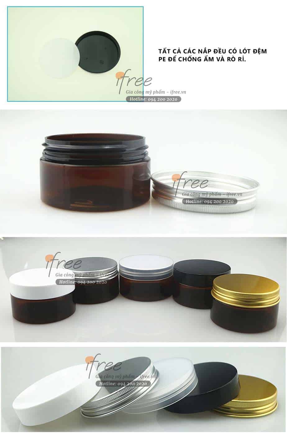 Nắp lót đệm của Hũ PET 100ml thân nâu chứa mỹ phẩm - HL0004 được làm bằng nhựa PE chống ẩm và rò rỉ, có 2 màu đen và trắng để khách hàng lựa chọn. 
Nắp hũ có 5 màu: trắng, ghi, trong suốt, đen, vàng