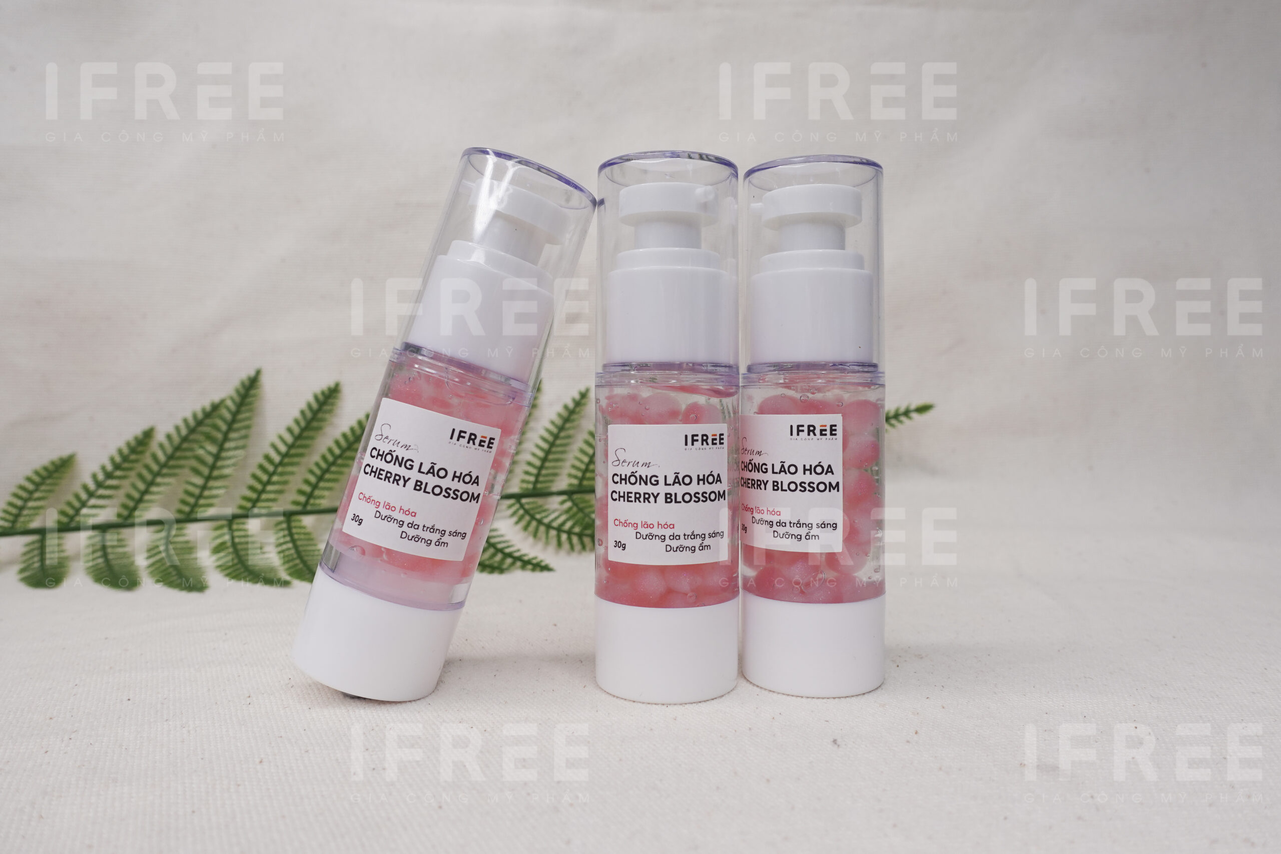 Gia công Serum dưỡng trắng Cherry Blossom 2 Gia công Serum dưỡng trắng Cherry Blossom tại IFREE với kết cấu tinh chất chứa hạt dưỡng chất cô đặc tạo lớp màng khóa ẩm như kem dưỡng giúp tăng cường hiệu quả