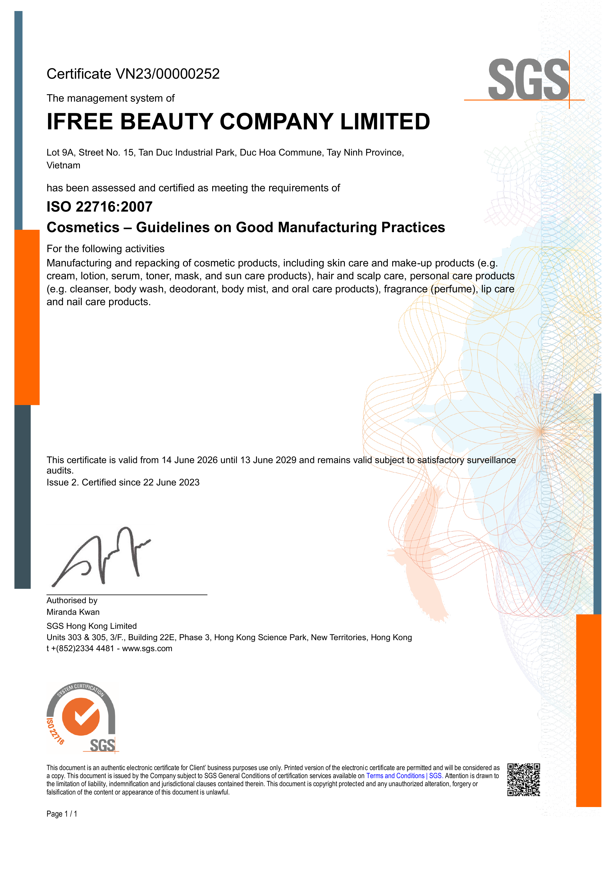 chứng nhận ISO 22716