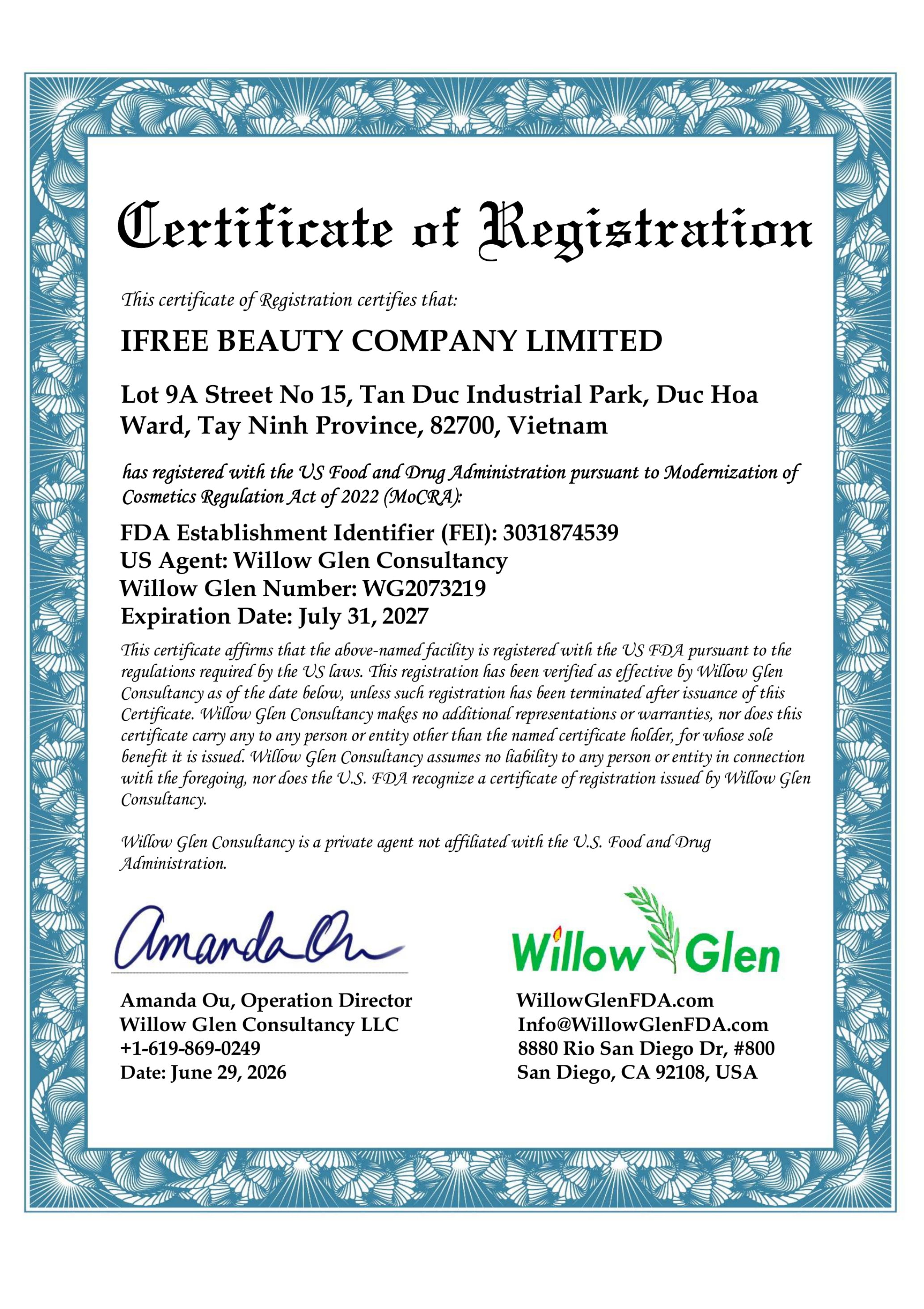 chứng nhận Certificate FDA